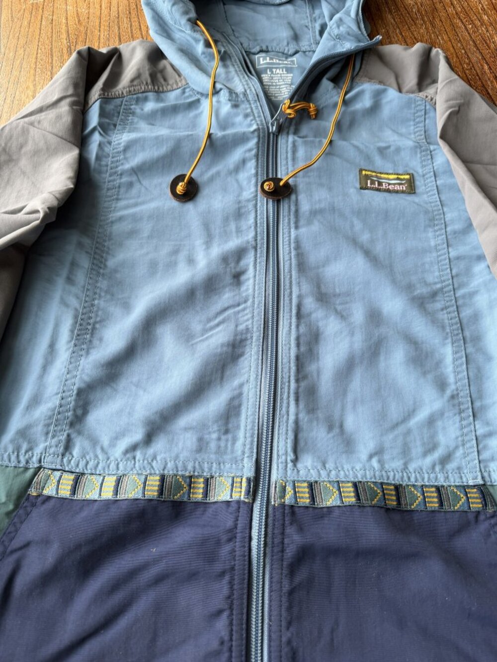 L.L.Bean Blue and Gray Colorblock Hooded Windbreaker Jacket Mens L Tall